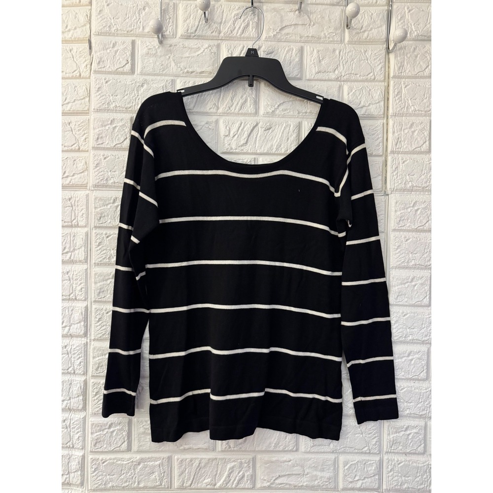 Linda Allard Ellen Tracy Striped Knit Top Black White Scoop Neck Short Sleeve M